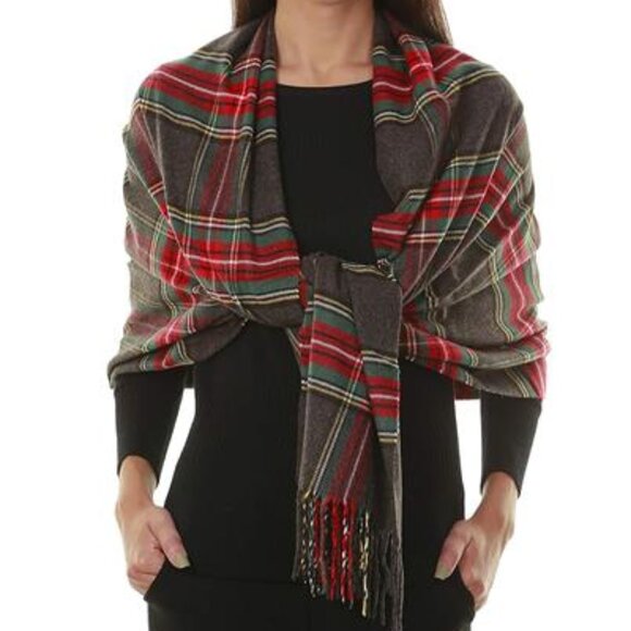 Grey Oversized Tartan Scarf for Women – Cashmere-Feel Winter Shawl 80" x 30" - Picture 2 of 5